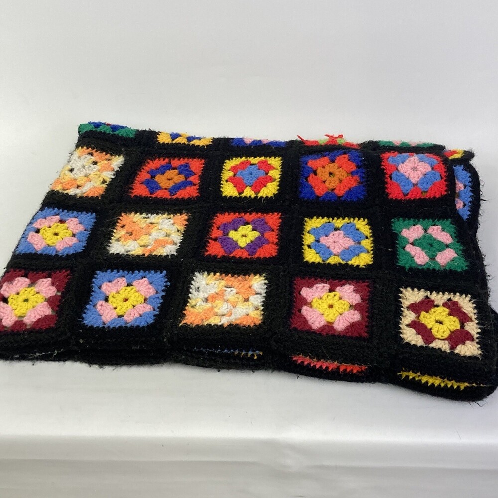 VTG 62" Afghan Throw Blanket Knit Crochet Black Granny Square Roseanne